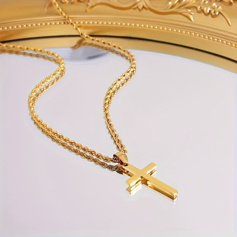 Edle 18K Vergoldete Edelstahl Kreuz Halskette mit Eleganter Kordelkette Unisex