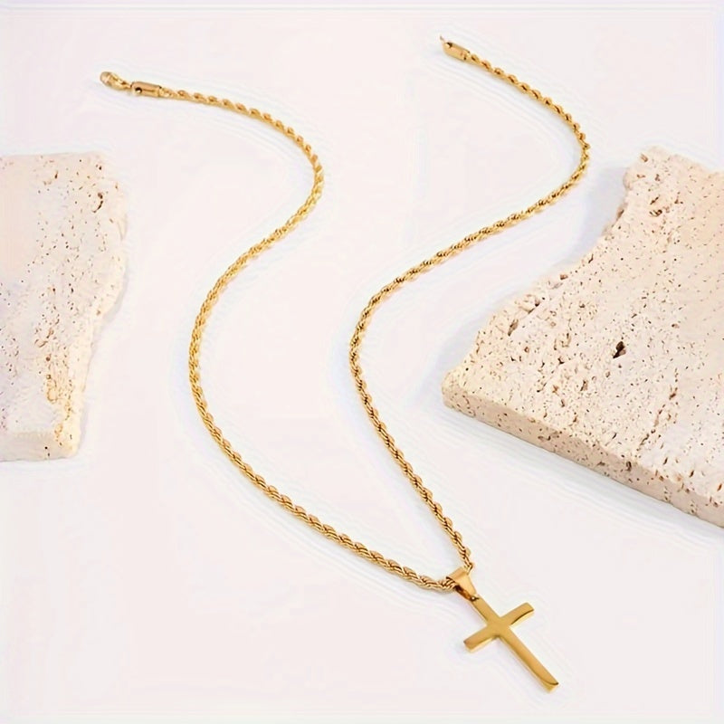 Edle 18K Vergoldete Edelstahl Kreuz Halskette mit Eleganter Kordelkette Unisex